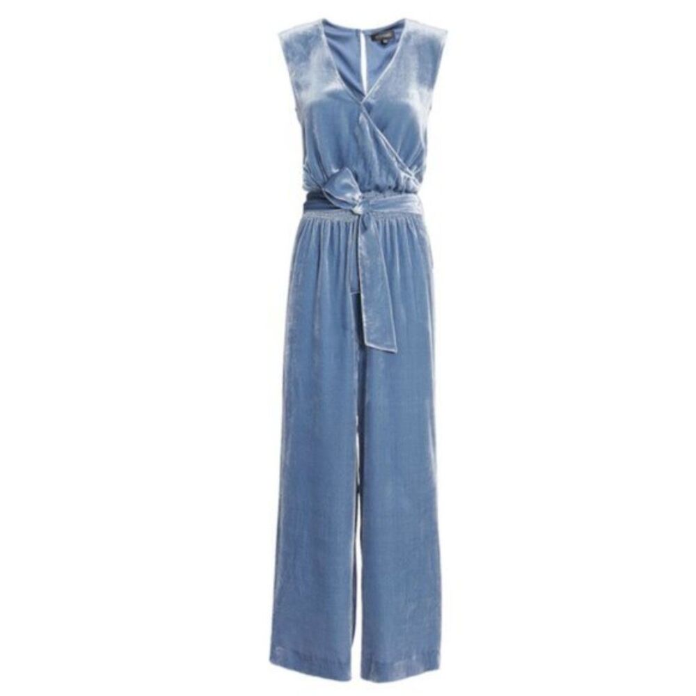 INTERMIX Womens Jumpsuit Petite P Blue Velour Pull On Pants Smocked CYNTHIA